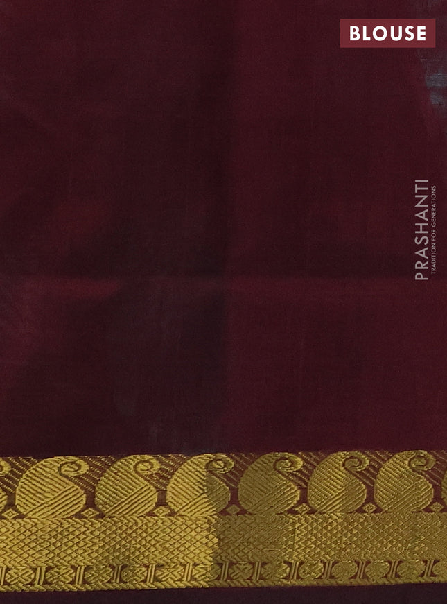 Silk cotton saree teal blue and deep maroon with allover paalum pazhamun checks & zari buttas and paisley & annam zari woven border