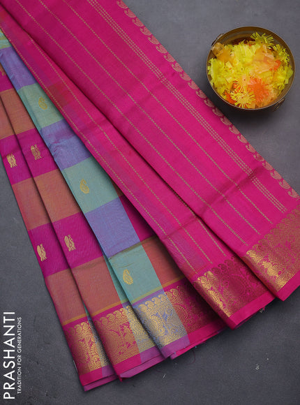 Silk cotton saree multi colour and pink with allover paalum pazhamun checks & zari buttas and paisley & annam zari woven border