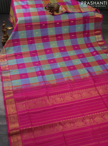 Silk cotton saree multi colour and pink with allover paalum pazhamun checks & zari buttas and paisley & annam zari woven border