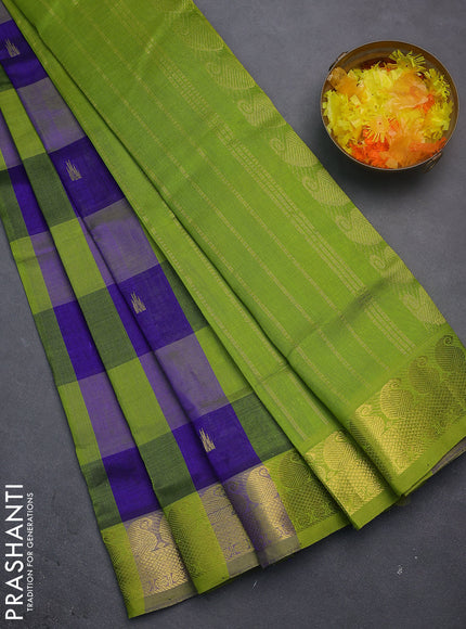 Silk cotton saree blue and light green with allover paalum pazhamun checks & zari buttas and paisley zari woven border
