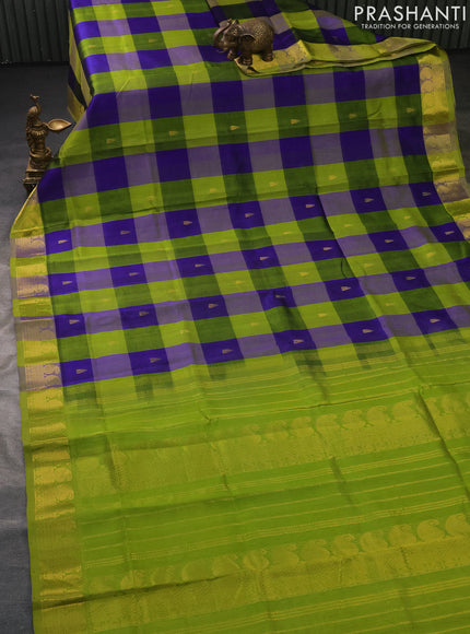 Silk cotton saree blue and light green with allover paalum pazhamun checks & zari buttas and paisley zari woven border