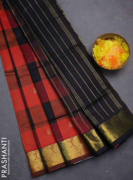 Silk cotton saree multi colour and black with allover paalum pazhamun checks & zari buttas and paisley zari woven border