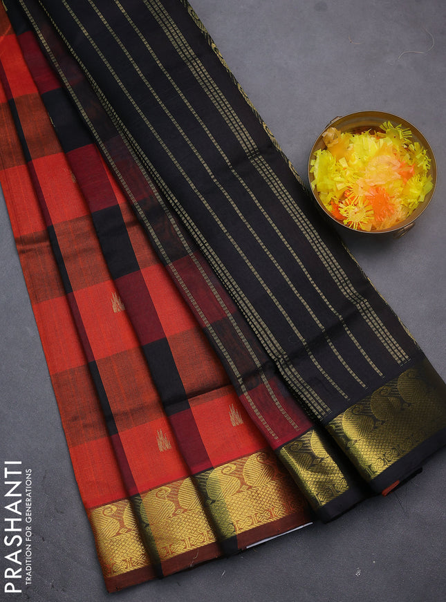 Silk cotton saree multi colour and black with allover paalum pazhamun checks & zari buttas and paisley zari woven border