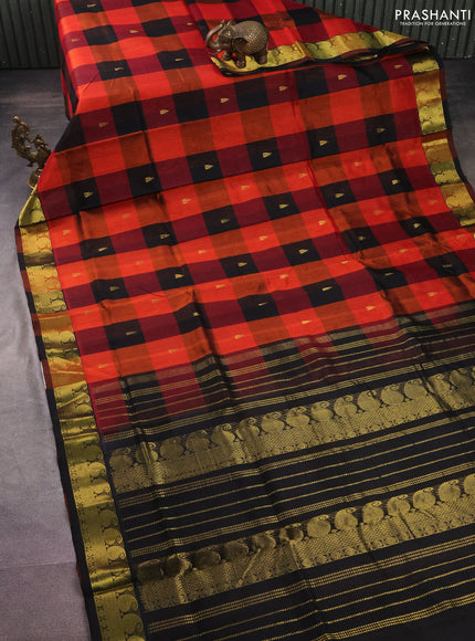 Silk cotton saree multi colour and black with allover paalum pazhamun checks & zari buttas and paisley zari woven border