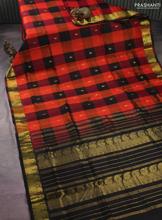 Silk cotton saree multi colour and black with allover paalum pazhamun checks & zari buttas and paisley zari woven border