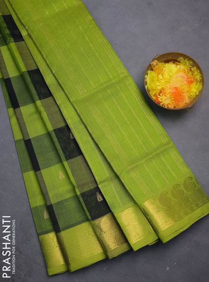 Silk cotton saree black and light green with allover paalum pazhamun checks & zari buttas and paisley zari woven border