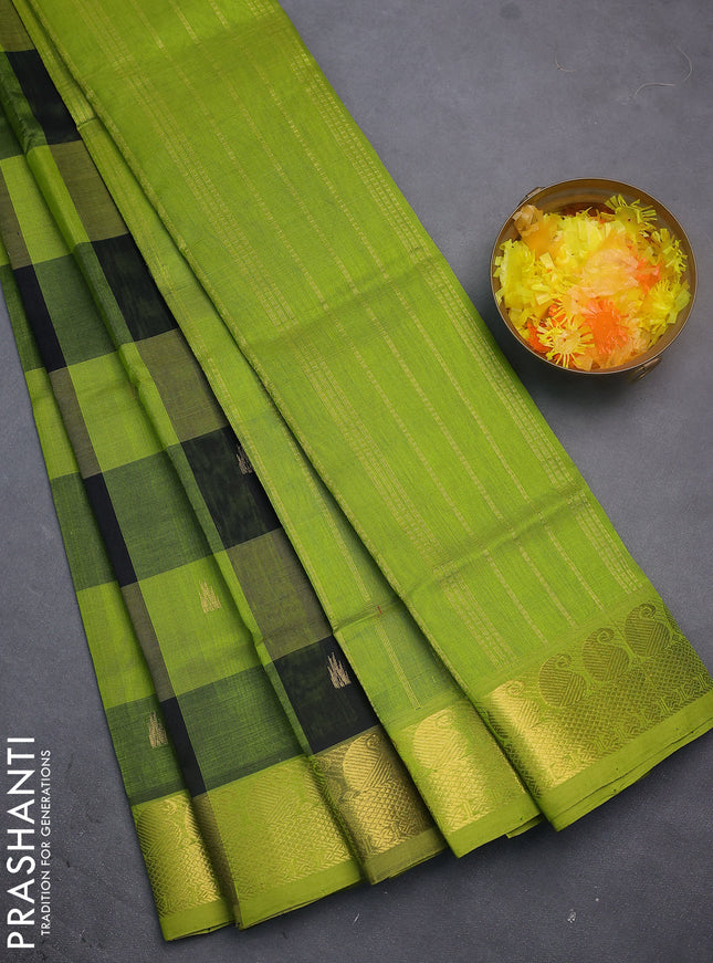 Silk cotton saree black and light green with allover paalum pazhamun checks & zari buttas and paisley zari woven border