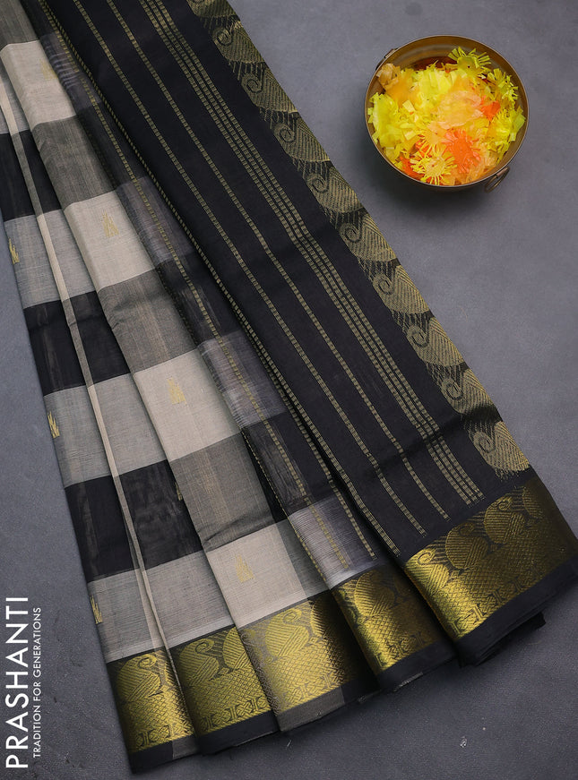Silk cotton saree beige and black with allover paalum pazhamun checks & zari buttas and paisley zari woven border