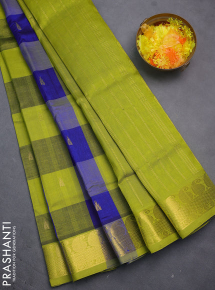 Silk cotton saree blue and light green with allover paalum pazhamun checks & zari buttas and paisley zari woven border