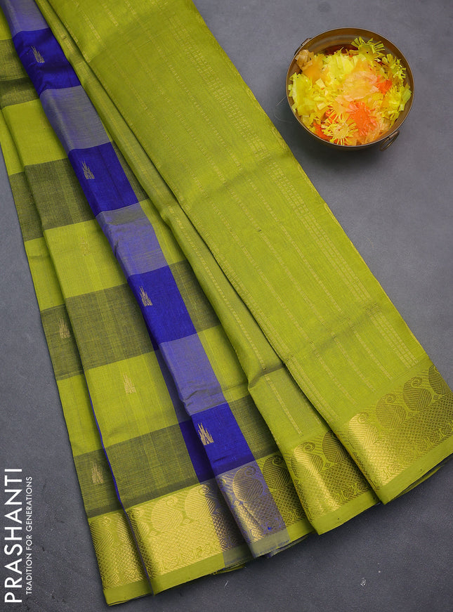 Silk cotton saree blue and light green with allover paalum pazhamun checks & zari buttas and paisley zari woven border