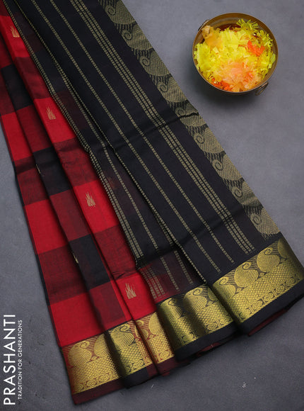 Silk cotton saree maroon and black with allover paalum pazhamun checks & zari buttas and paisley zari woven border