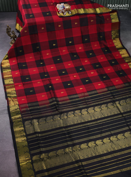 Silk cotton saree maroon and black with allover paalum pazhamun checks & zari buttas and paisley zari woven border