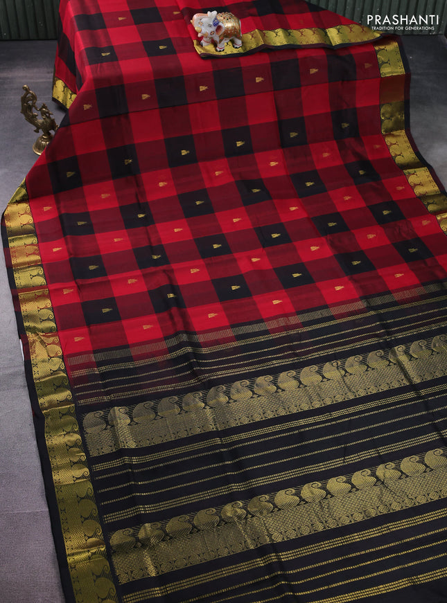 Silk cotton saree maroon and black with allover paalum pazhamun checks & zari buttas and paisley zari woven border