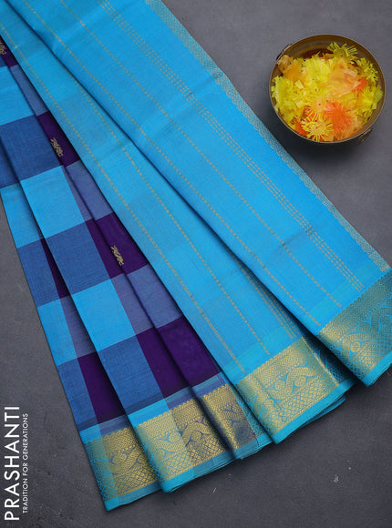 Silk cotton saree multi colour and teal blue with allover paalum pazhamun checks & zari buttas and zari woven border