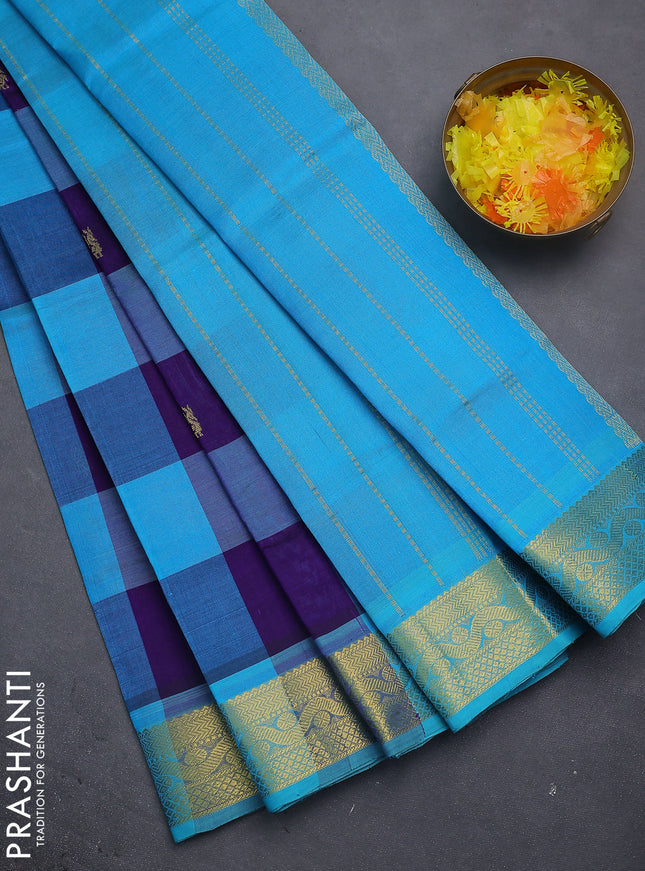 Silk cotton saree multi colour and teal blue with allover paalum pazhamun checks & zari buttas and zari woven border