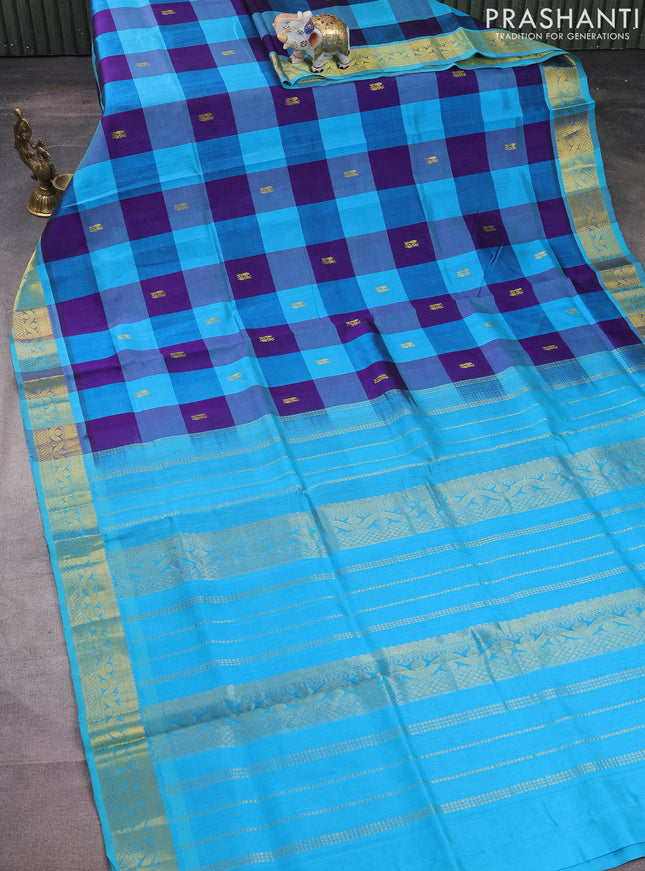 Silk cotton saree multi colour and teal blue with allover paalum pazhamun checks & zari buttas and zari woven border