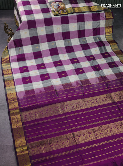 Silk cotton saree cream and purple with allover paalum pazhamun checks & zari buttas and zari woven border