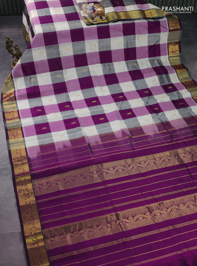 Silk cotton saree cream and purple with allover paalum pazhamun checks & zari buttas and zari woven border