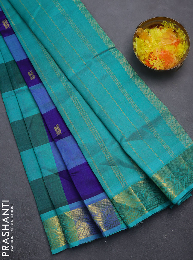 Silk cotton saree multi colour and teal blue with allover paalum pazhamun checks & zari buttas and zari woven border