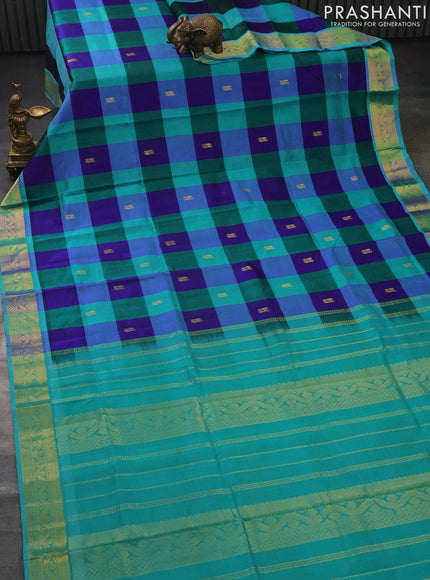 Silk cotton saree multi colour and teal blue with allover paalum pazhamun checks & zari buttas and zari woven border