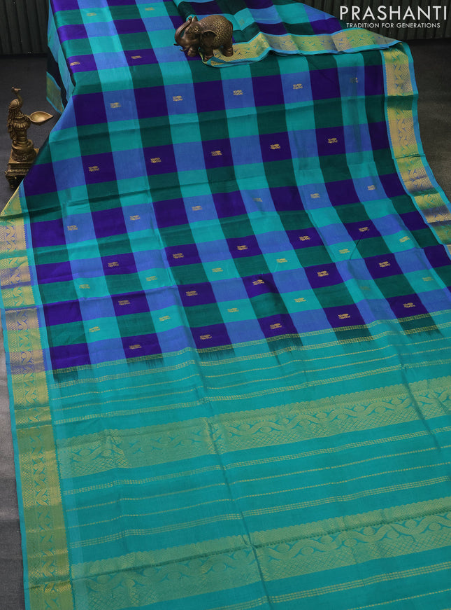 Silk cotton saree multi colour and teal blue with allover paalum pazhamun checks & zari buttas and zari woven border