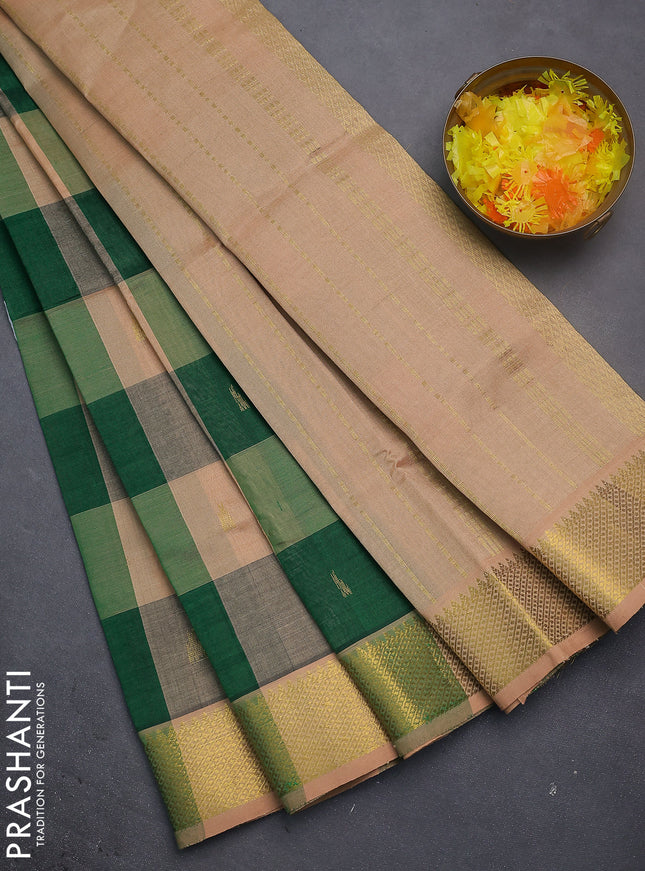 Silk cotton saree green and sandal with allover paalum pazhamun checks & zari buttas and zari woven border
