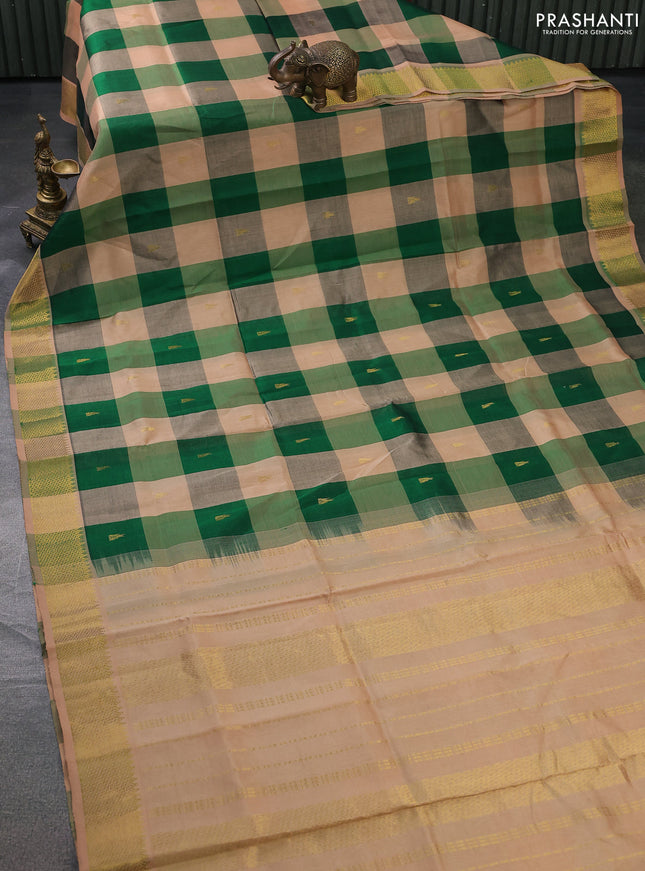 Silk cotton saree green and sandal with allover paalum pazhamun checks & zari buttas and zari woven border