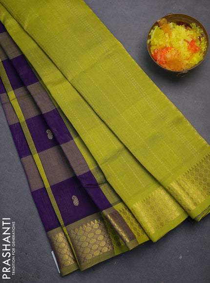 Silk cotton saree blue and lime yellow with allover paalum pazhamun checks & zari buttas and zari woven border