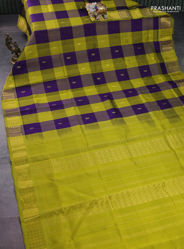 Silk cotton saree blue and lime yellow with allover paalum pazhamun checks & zari buttas and zari woven border