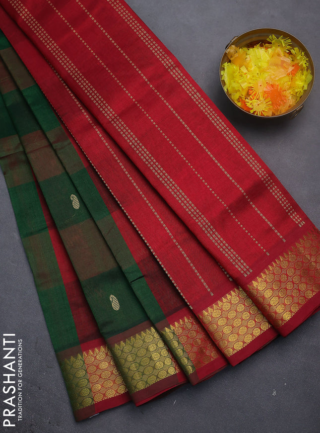 Silk cotton saree green and maroon with allover paalum pazhamun checks & zari buttas and zari woven border