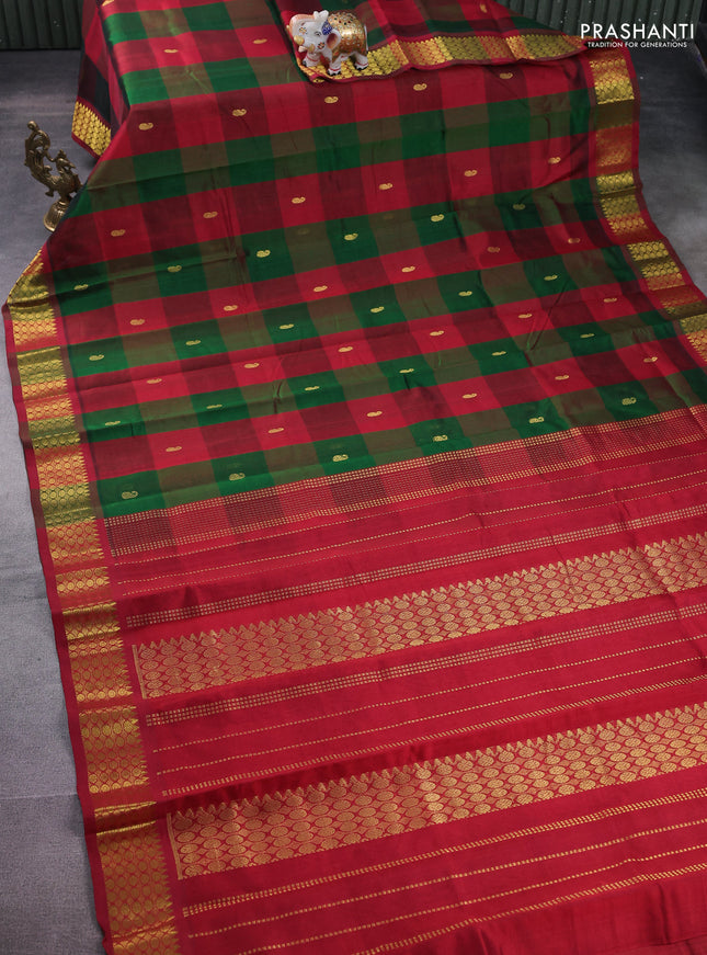 Silk cotton saree green and maroon with allover paalum pazhamun checks & zari buttas and zari woven border