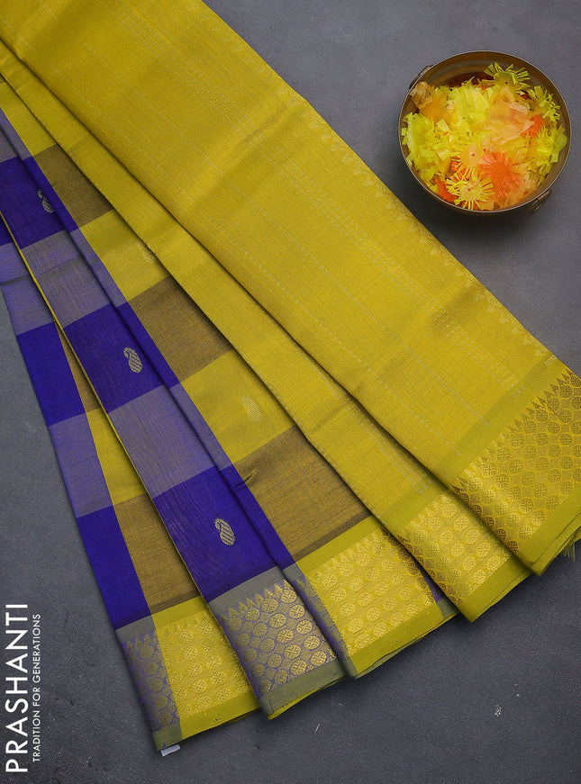 Silk cotton saree blue and lime yellow with allover paalum pazhamun checks & zari buttas and zari woven border