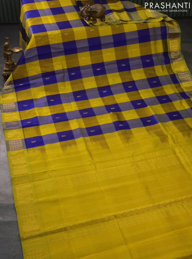 Silk cotton saree blue and lime yellow with allover paalum pazhamun checks & zari buttas and zari woven border