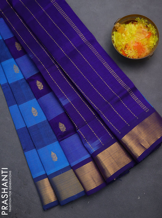 Silk cotton saree cs blue and blue with allover paalum pazhamun checks & zari buttas and zari woven border