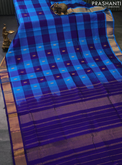 Silk cotton saree cs blue and blue with allover paalum pazhamun checks & zari buttas and zari woven border
