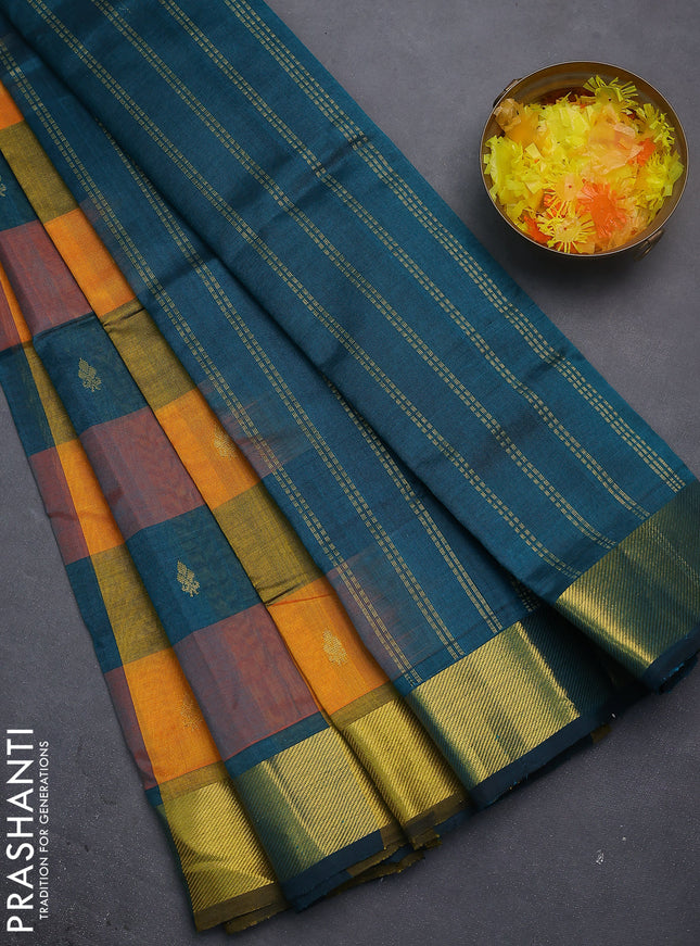 Silk cotton saree multi colour and peacock green with allover paalum pazhamun checks & zari buttas and zari woven border