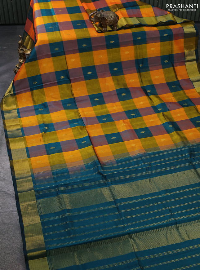 Silk cotton saree multi colour and peacock green with allover paalum pazhamun checks & zari buttas and zari woven border