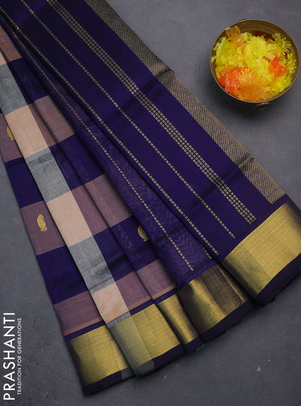 Silk cotton saree sandal and navy blue with allover paalum pazhamun checks & zari buttas and zari woven border