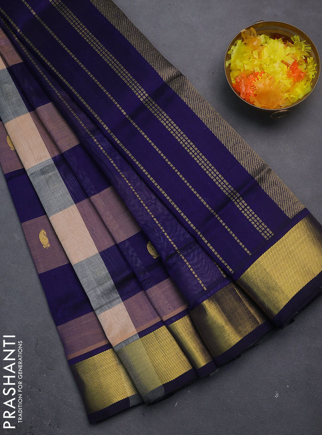 Silk cotton saree sandal and navy blue with allover paalum pazhamun checks & zari buttas and zari woven border