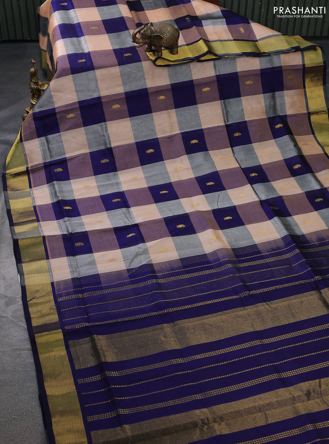 Silk cotton saree sandal and navy blue with allover paalum pazhamun checks & zari buttas and zari woven border