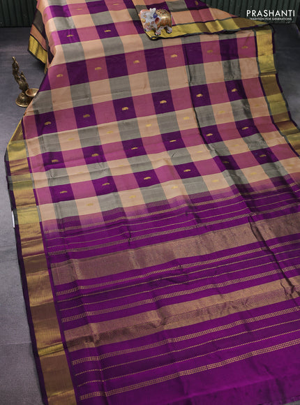 Silk cotton saree multi colour and purple with allover paalum pazhamun checks & zari buttas and zari woven border