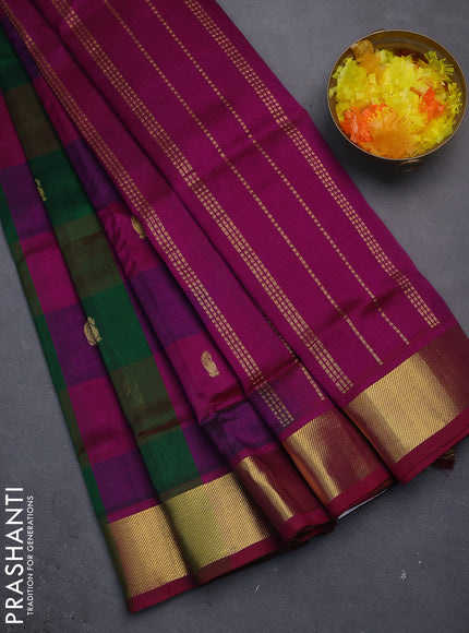 Silk cotton saree multi colour and purple with allover paalum pazhamun checks & zari buttas and zari woven border