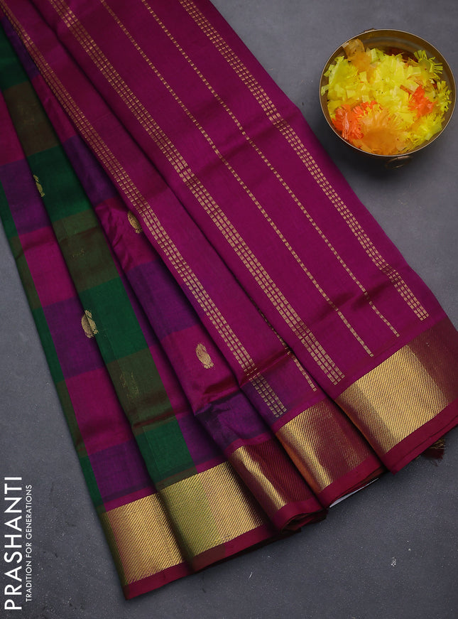 Silk cotton saree multi colour and purple with allover paalum pazhamun checks & zari buttas and zari woven border
