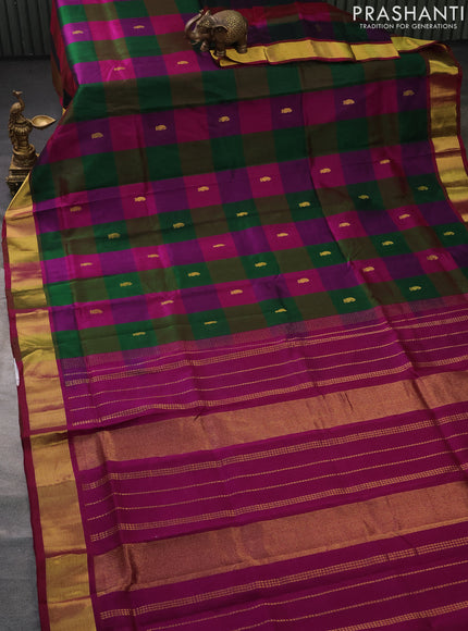 Silk cotton saree multi colour and purple with allover paalum pazhamun checks & zari buttas and zari woven border