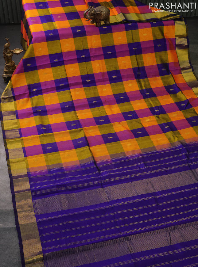Silk cotton saree multi colour and blue with allover paalum pazhamun checks & zari buttas and zari woven border