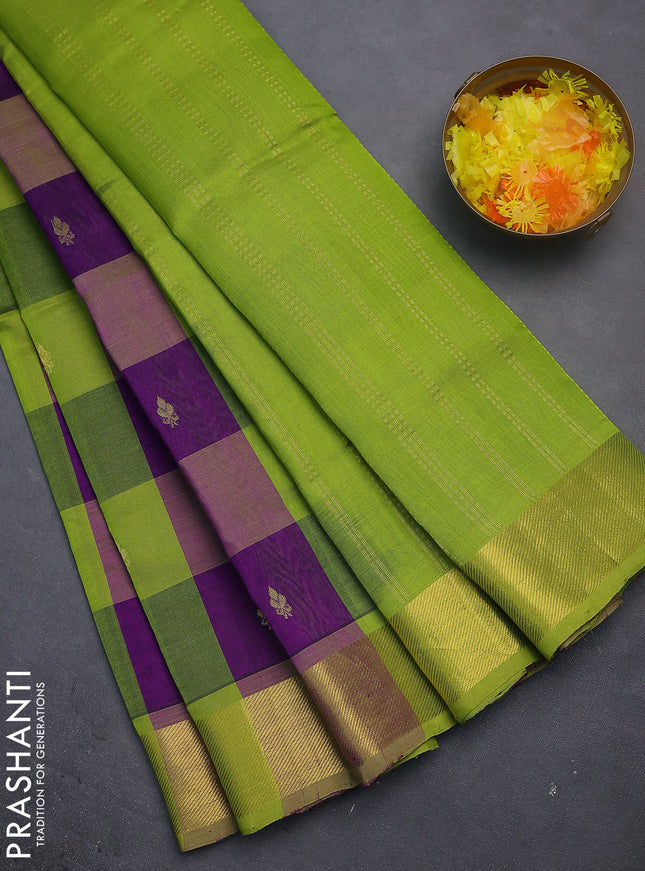 Silk cotton saree purple and light green with allover paalum pazhamun checks & zari buttas and zari woven border