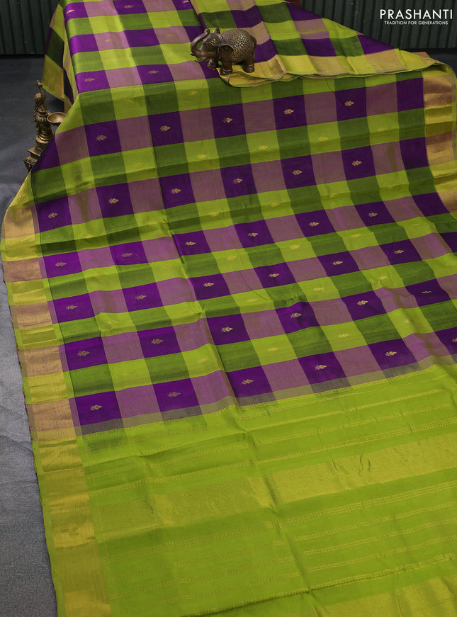 Silk cotton saree purple and light green with allover paalum pazhamun checks & zari buttas and zari woven border