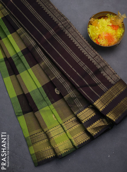 Silk cotton saree light green and coffee brown with allover paalum pazhamun checks & zari buttas and rettapet zari woven border