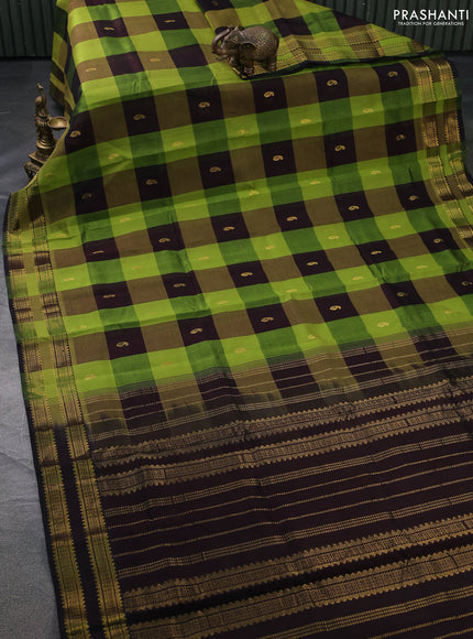 Silk cotton saree light green and coffee brown with allover paalum pazhamun checks & zari buttas and rettapet zari woven border