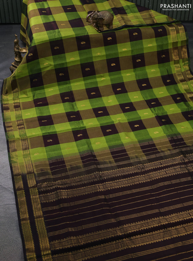 Silk cotton saree light green and coffee brown with allover paalum pazhamun checks & zari buttas and rettapet zari woven border